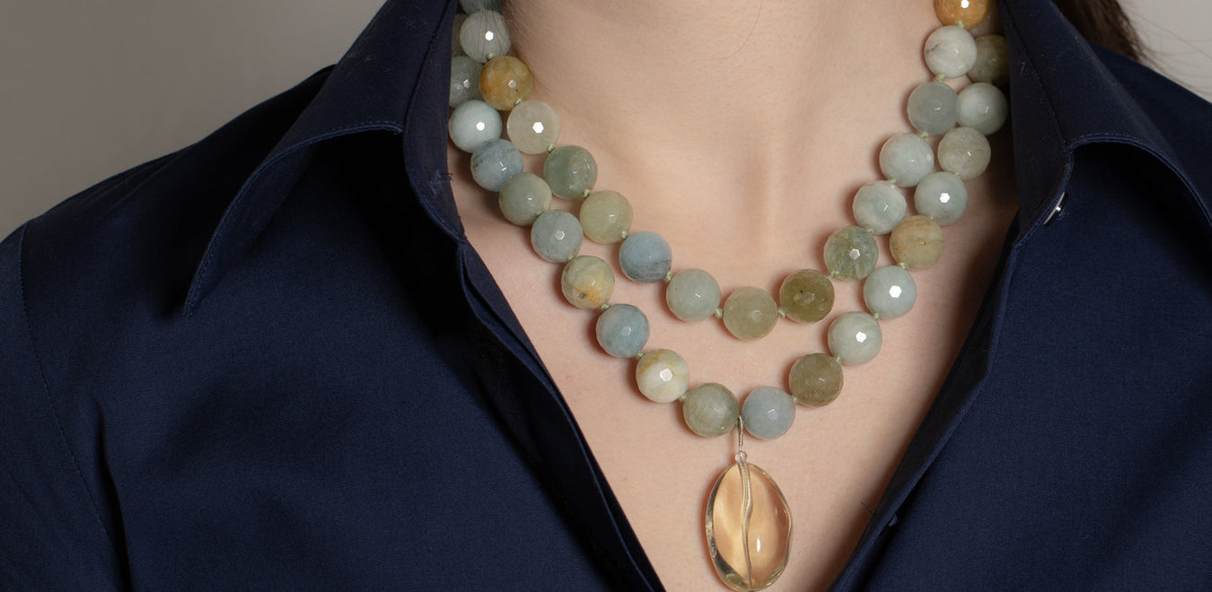 Aquamarine collection, Cleo multi aquamarine necklace with lemon quartz drop