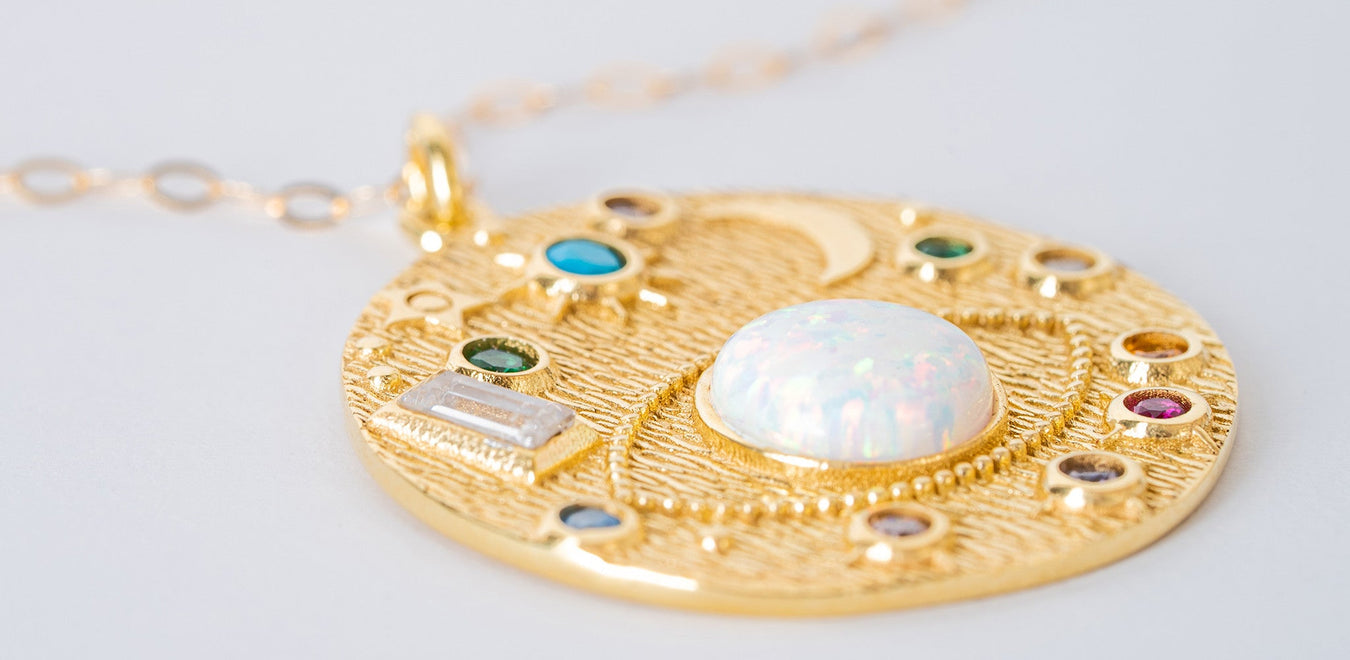 October birthstone opal, Stella cosmic gold pendant