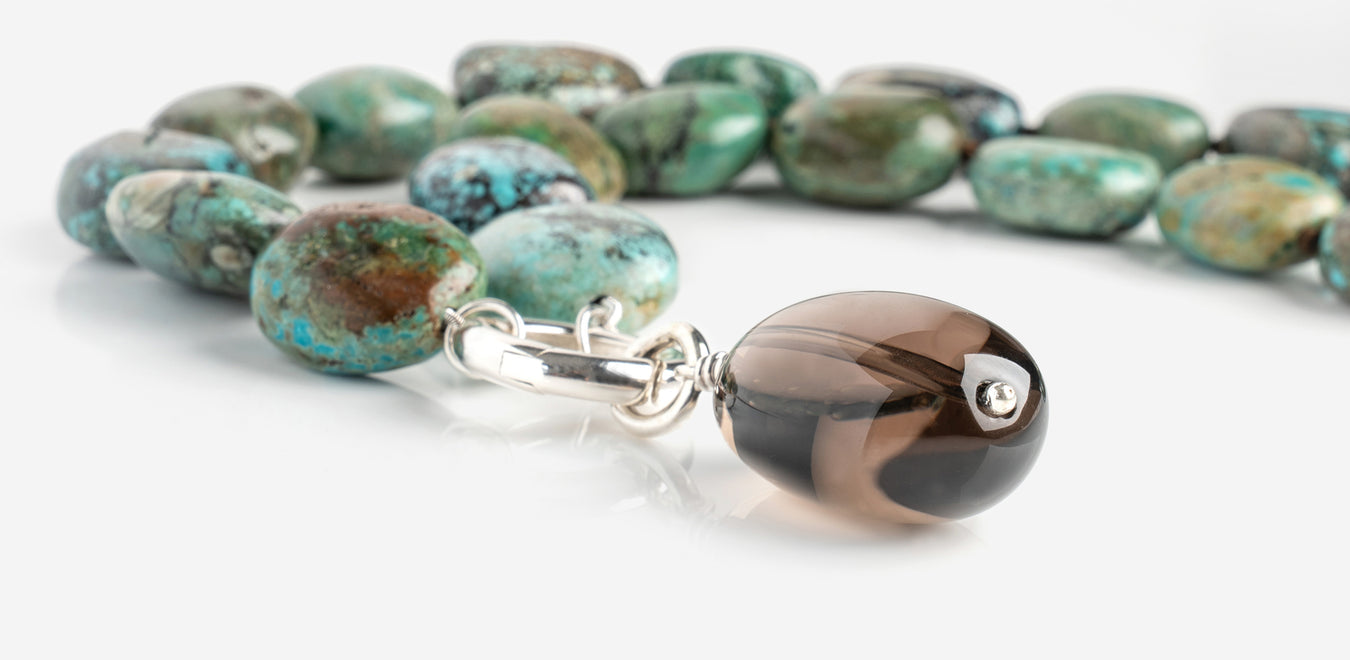 December birthstone turquoise, Brigitte natural turquoise and smokey quartz necklace