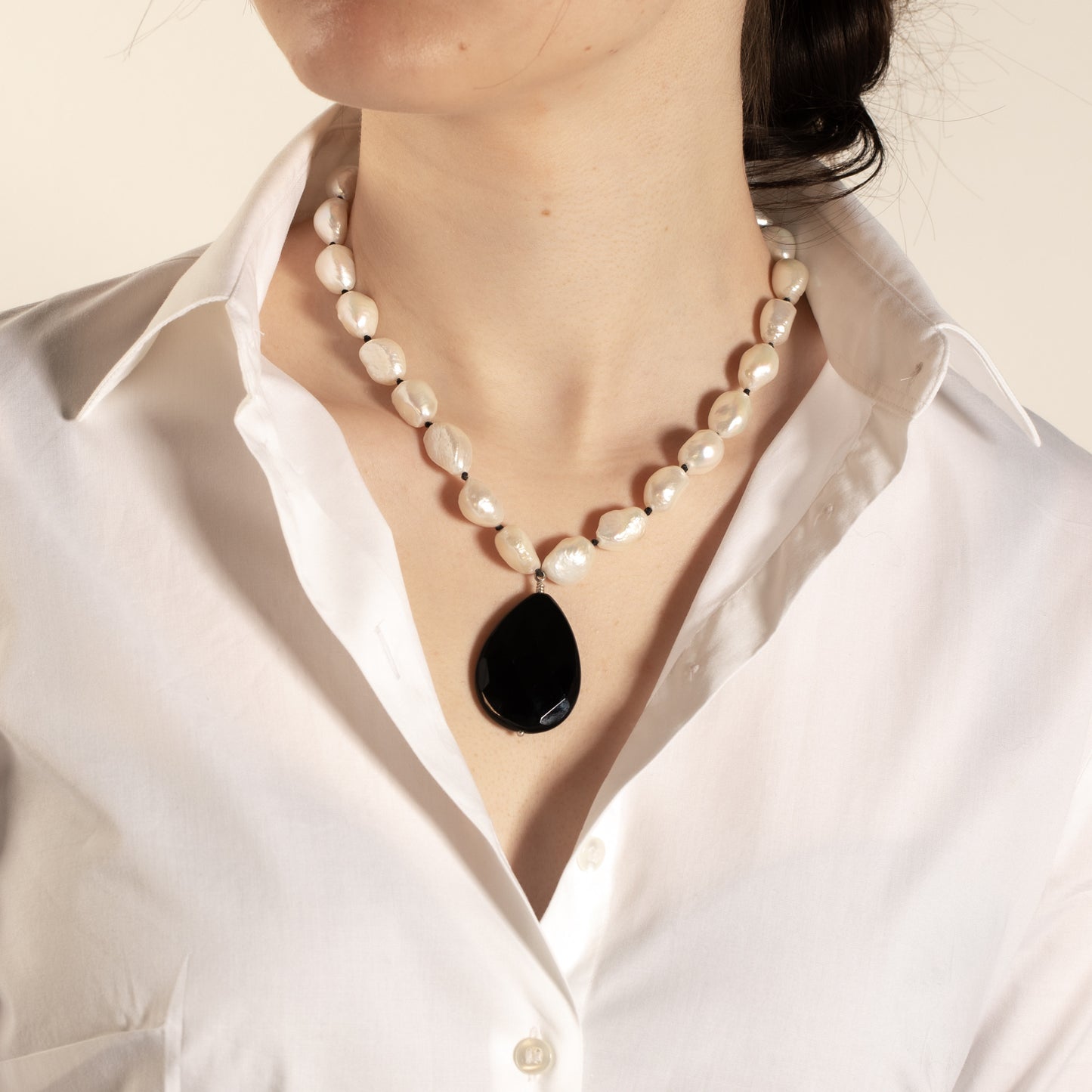 Audrey Baroque Pearl Necklace with Black Agate drop