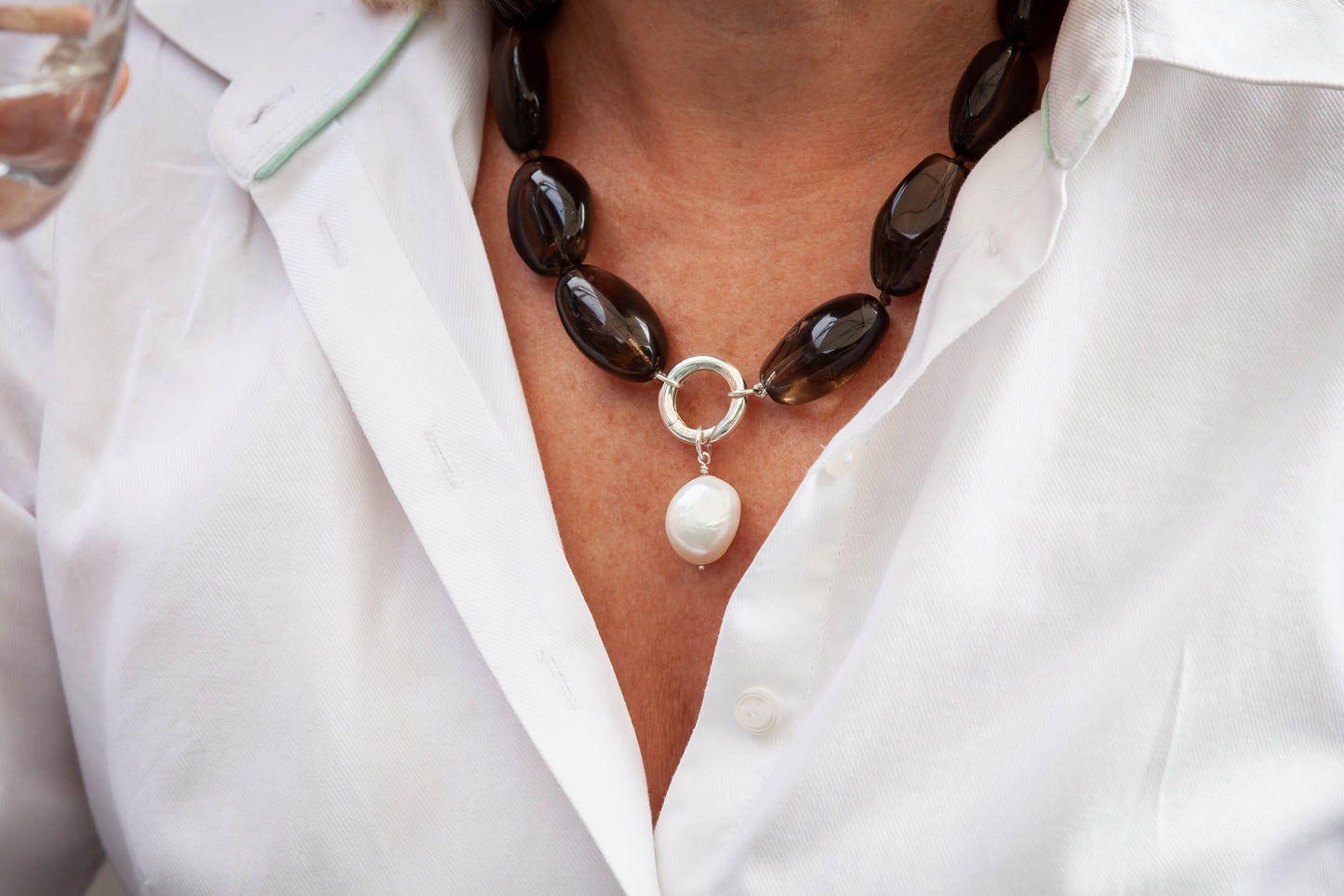 Katrina Smokey Quartz Nugget Necklace With Pearl